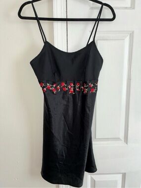 delicates Black Slip Dress with Red Rose Embroidery